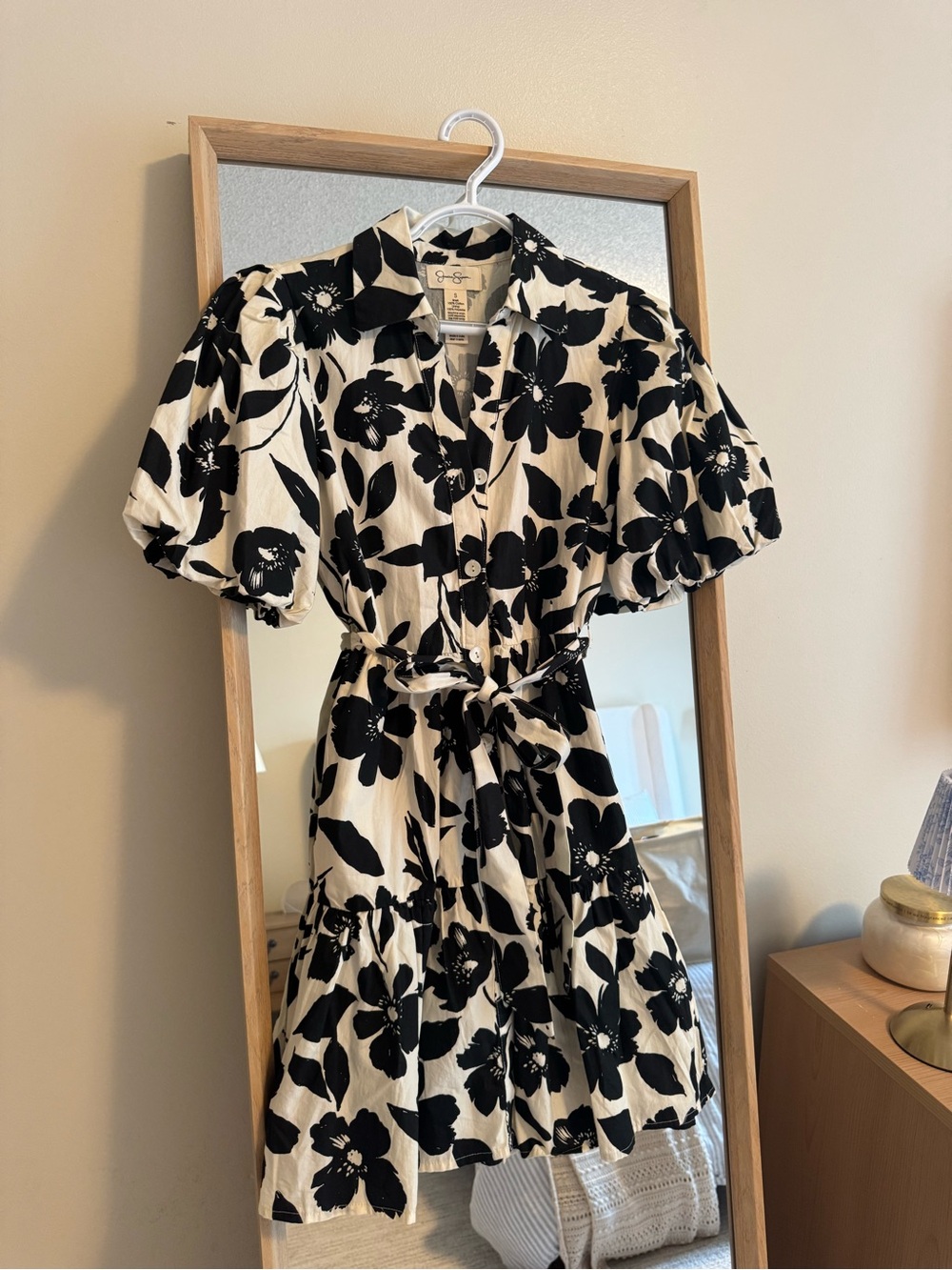 Black & Cream Floral Button-Front Tie-Waist Mini Dress